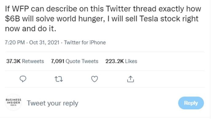 Elon Musk says he will sell Tesla stock if UN can prove it can ‘solve world hunger’