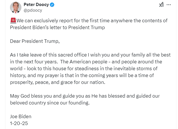 Biden farewell letter to Trump